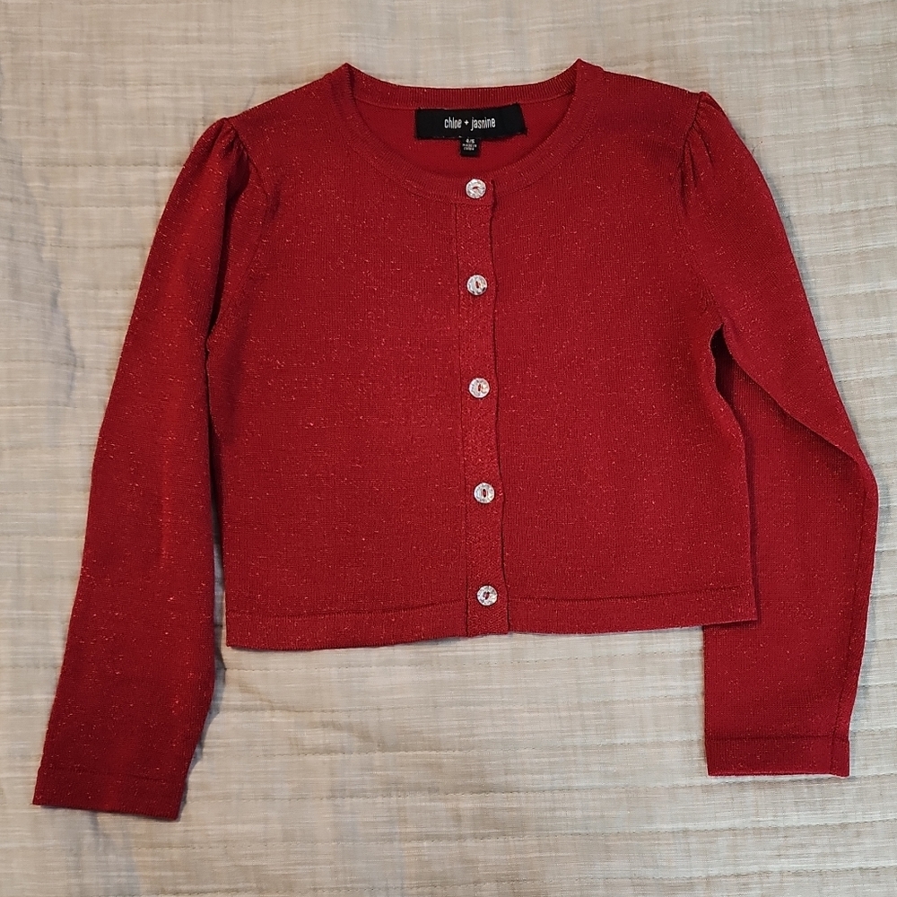 chloe + isabel Girls' Red Sparkle Button Cardigan